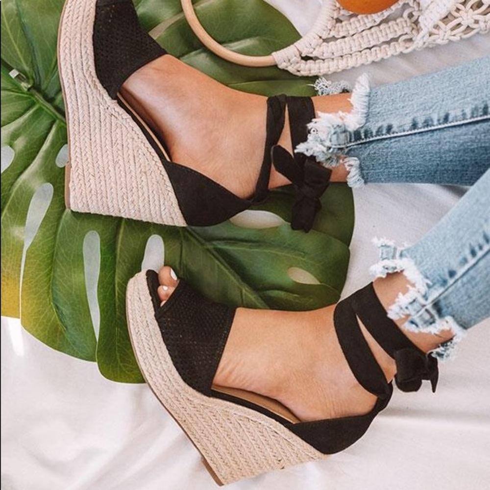 Black Espadrille Ankle Wrap Ribbon Wedge Sandals - Picture 4 of 4